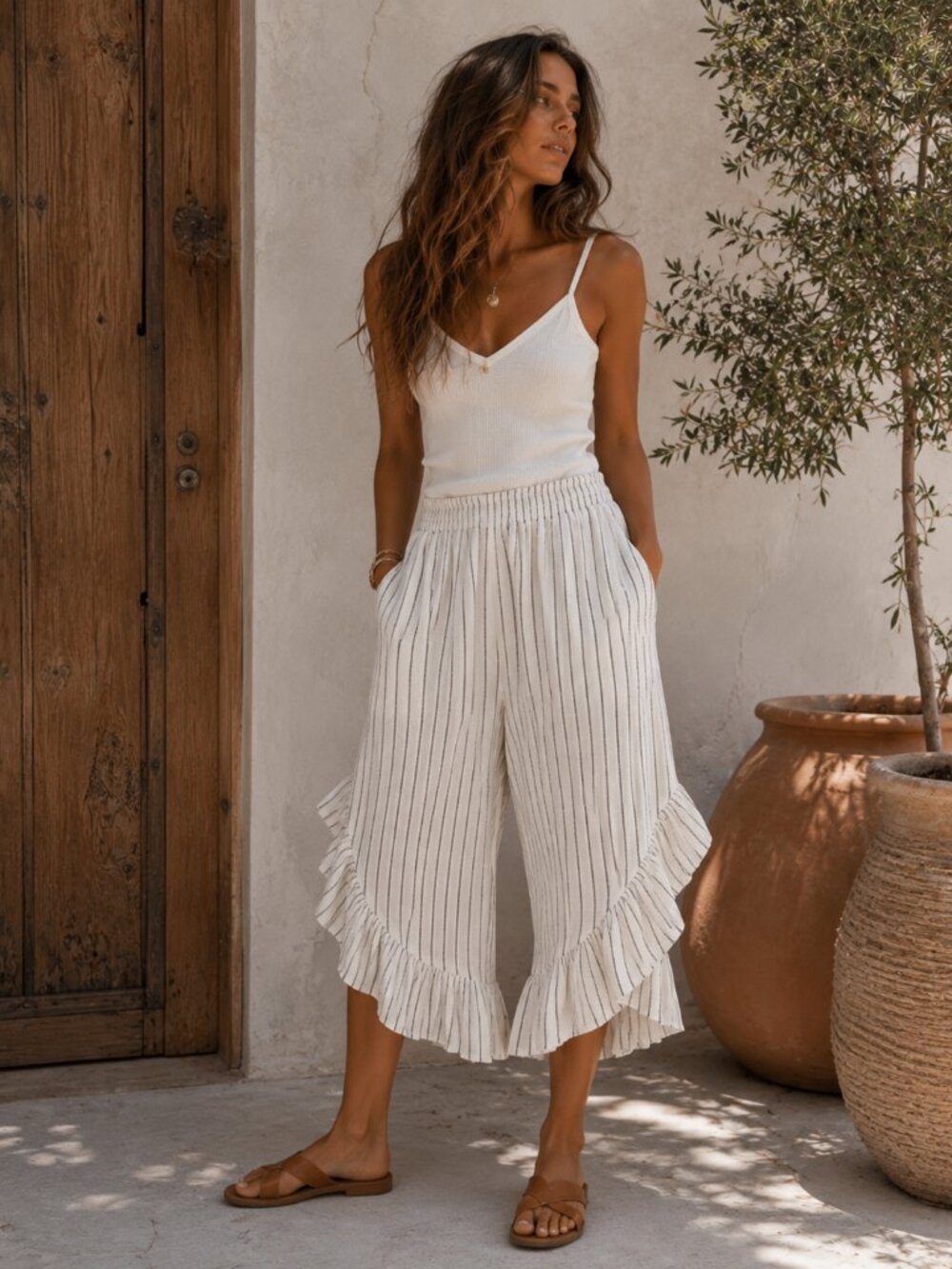 633 - Angela Mara Italy Cotton Linen Striped Ruffle Wide Leg Pants S